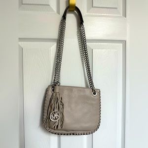 MICHAEL Michael Kors 2 way shoulder/crossbody taupe/light grey tassel bag